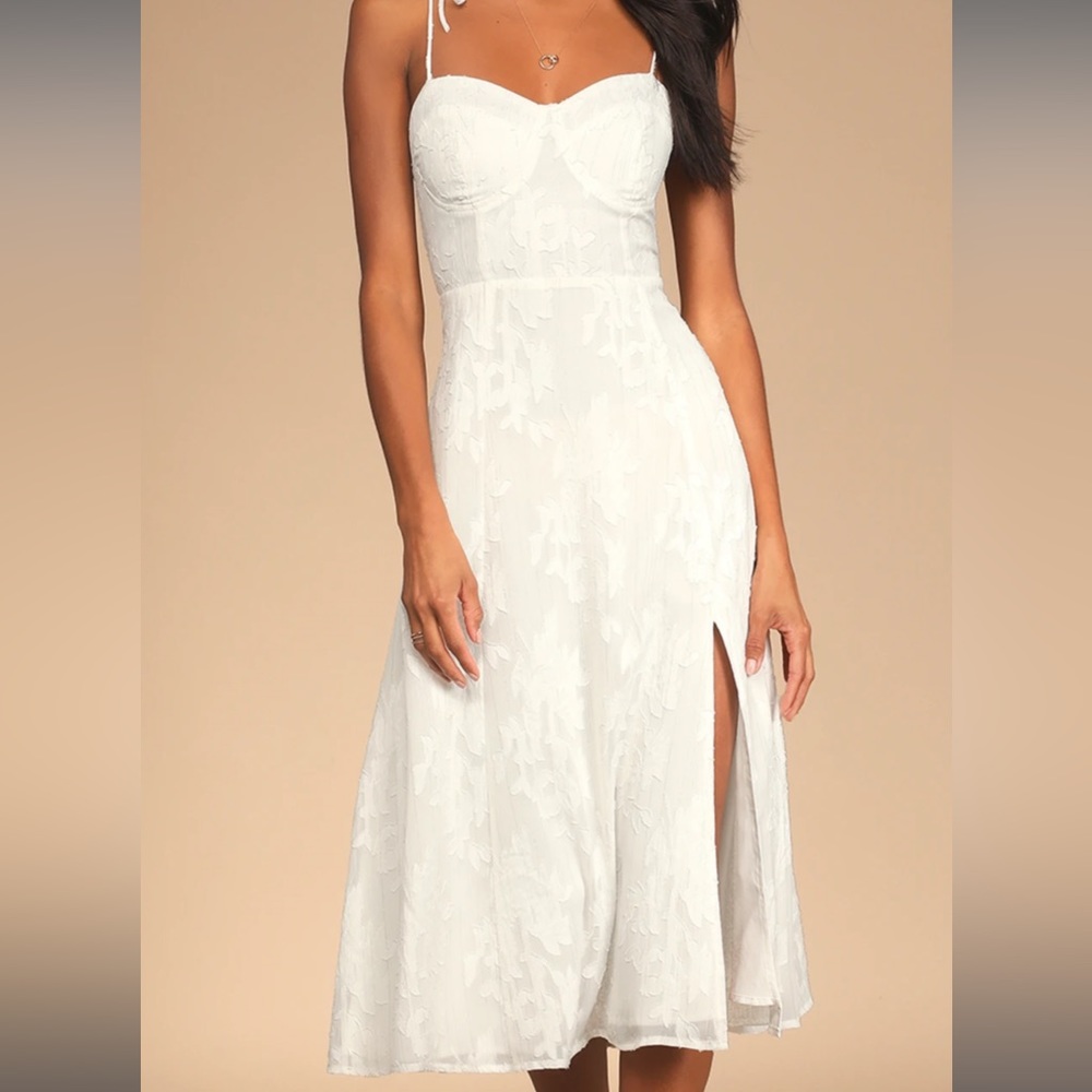 Lulus White Dress - Loveliest Looks - White Floral Jacquard Strap MIDI Dress